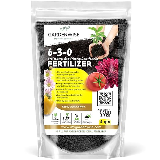 GARDENWISE 6-3-0 All-Purpose Professional Eco-Friendly Slow-Release Nitrogen Fertilizer with Iron & Calcium,Non-Burning, Enhances Soil Structure,for Indoor&Outdoor Plants,Vegetable Gardens (4 QUARTS)