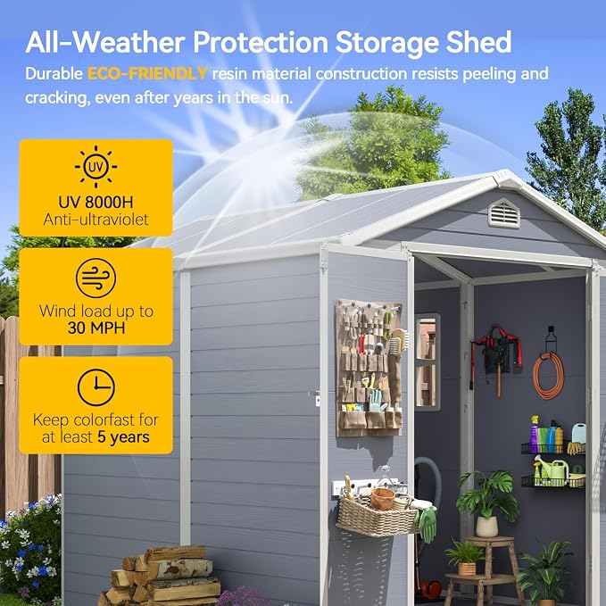Aoxun 6x8 FT Outdoor Storage Shed, Garden Resin Shed with Floor and Window for Patio, Lawn, Plastic Outdoor Storage with Lockable Door for Bike, Tools, Garbage Can, Grey