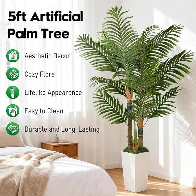 5ft Artificial Palm Tree Indoor Plant，Triple Faux Tropical Areca Floor Plant in Pot，Artificial Plants with Lifelike Leaves for Home Office Decor