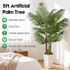 5ft Artificial Palm Tree Indoor Plant，Triple Faux Tropical Areca Floor Plant in Pot，Artificial Plants with Lifelike Leaves for Home Office Decor