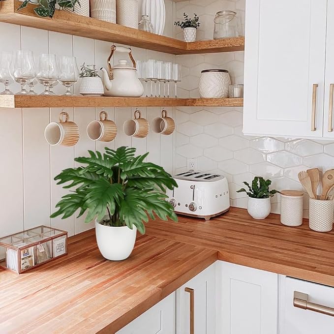 Hollyone Faux Monstera Plant Potted Artificial Monstera Deliciosa Plant Fake Tropical Plants in White Pot for Indoor Outdoor Home Desk Office Garden Farmhouse Decoration