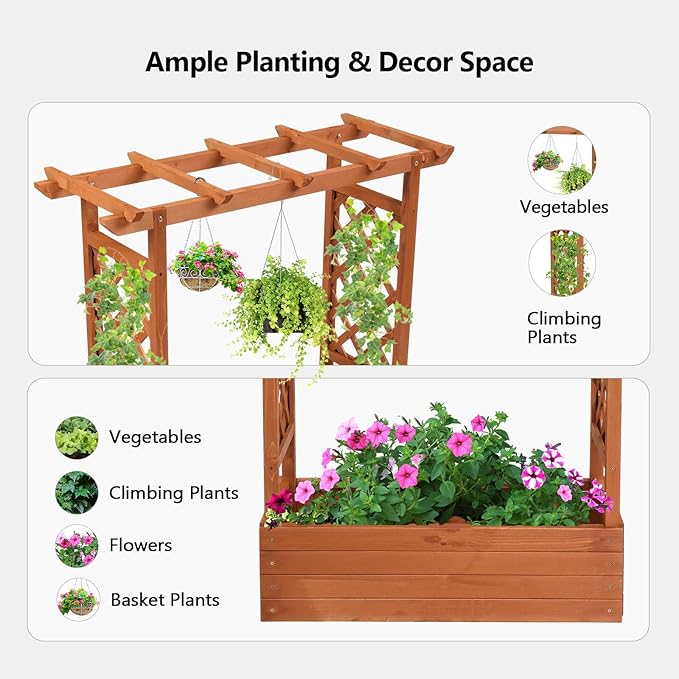VINGLI 45 in Raised Garden Bed with Trellis & Hanging Roof, Wooden Elevated Planter Box with Drainage Holes for Outdoor Climbing Plants Vegetables Flowers, Patio Yard Balcony