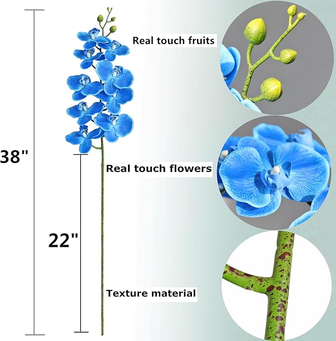 Htmeing 38 Inch Artificial Phalaenopsis Flowers Branches Real Touch (Not Silk) Orchids Flowers for Home Office Wedding Decoration,Pack of 2 (Dark Blue)