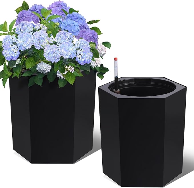 16in Flower Pot Set of 2, Self Watering Planters for Indoor Plants with Water Level Monitoring, Water Outlet for Garden Plant Pots, Patio, Balcony, Lounge, Front Porch Decor