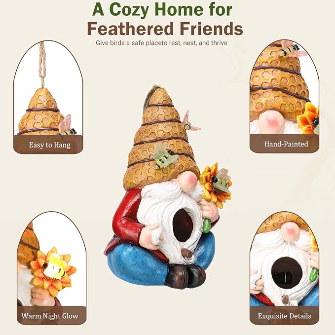 Bird House for Outside, Birdhouses for Outdoors, Decorative Bird Houses, Hanging Funny Bee Solar Gnome Birdhouse for Outside Cardinal Bluebird Wild Birds