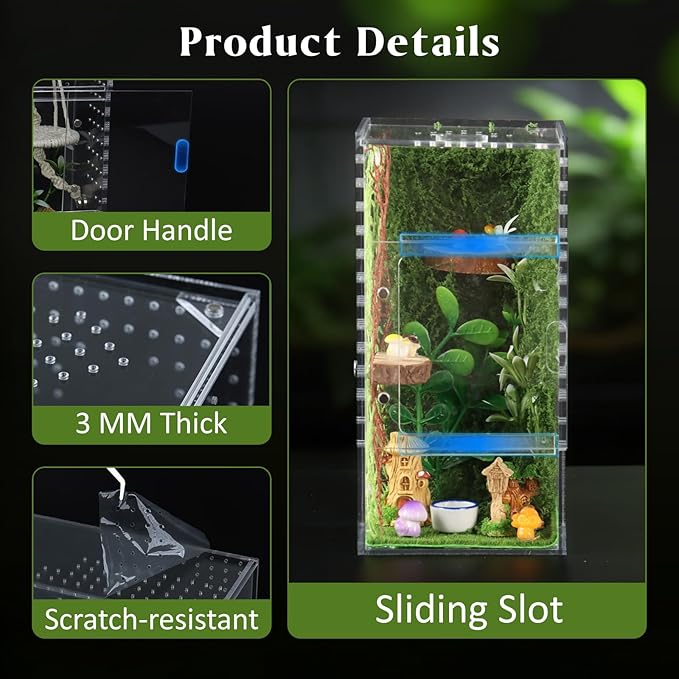Jumping Spider Enclosure Kit, Small Acrylic Reptile Terrarium with Magnetic Door, Bug Habitat with 30 Pcs Jumping Spider Accessories for Tarantula, Mantis, Small Reptiles, 4" x 4" x 8"
