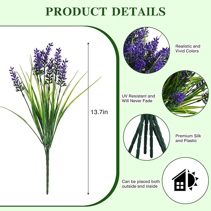 CEWOR 24 Bundles Artificial Plants Outdoor Fake Monkey Grass with Lavender Flowers Grass UV Resistant Faux Plants for Garden Porch Window Patio Planter Pathway