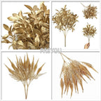 Fake Flowers Golden Bouquet Christmas Decorations, PASYOU Artificial Plants Plastic Shrubs Grass Leaves Indoor Outdoor Home Garden Party Hotel Verandah Wedding Event Faux DIY Table Decor - Gold 4 Pack