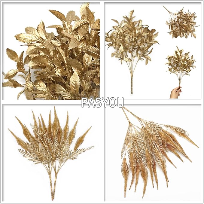 Fake Flowers Golden Bouquet Christmas Decorations, PASYOU Artificial Plants Plastic Shrubs Grass Leaves Indoor Outdoor Home Garden Party Hotel Verandah Wedding Event Faux DIY Table Decor - Gold 4 Pack
