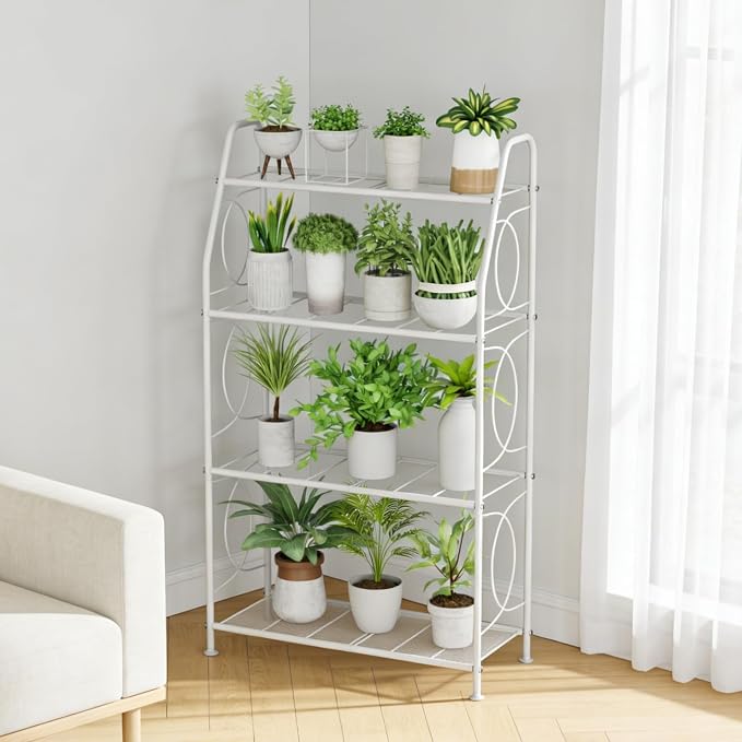 VyGrow Plant Stand, 4 Tier Plant Shelf for Indoor Outdoor, Heavy Duty Metal Tall Plant Stands Holder Rack for Living Room Balcony and Garden, White