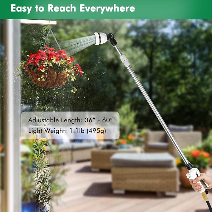 RESTMO 36”-60” Metal Watering Wand, Long Telescopic Tube | 180° Adjustable Ratcheting Head | 7 Spray Patterns | Flow Control, Perfect Garden Hose Sprayer to Water Hanging Baskets, Shrubs, White