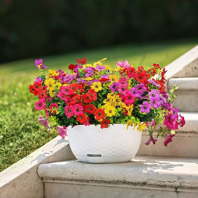 Plastic Flowers for Outdoors, 16 Bundles Fake Outdoor Artificial Flowers for Outdoors UV Resistant, Fake Plants Artificial Plants Outdoor Plastic Plants, Silk Faux Spring Flowers for Outside