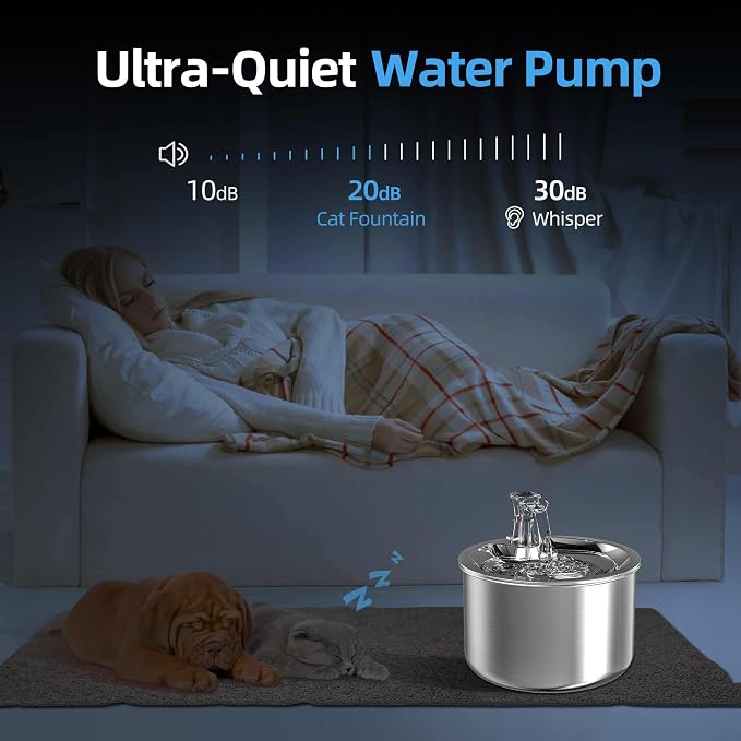 Homtyler Cat Water Fountain, Stainless Steel Inside Ultra-Quiet Pump, 2L/67oz Automatic Dog Dispenser Water Bowl, Multiple Pets Water Fountain