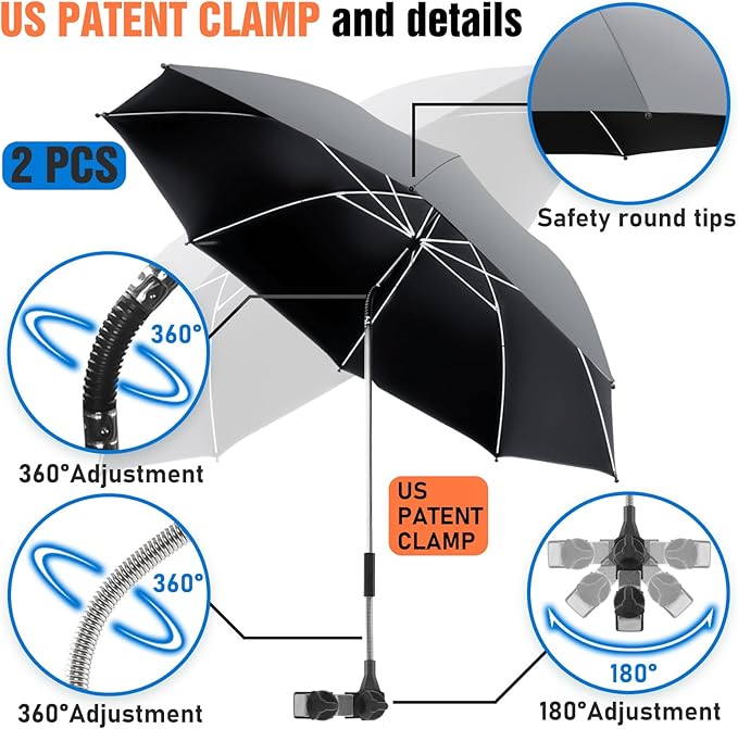 2 PACK Beach Umbrella with Clamp, 360 ° Adjustable Umbrellas for Chair, UPF50+ Umbrella for Beach Chair, Patio Chair, Wheelchair, Camping Chair, Golf Carts (Chair Not Included)