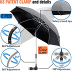 2 PACK Beach Umbrella with Clamp, 360 ° Adjustable Umbrellas for Chair, UPF50+ Umbrella for Beach Chair, Patio Chair, Wheelchair, Camping Chair, Golf Carts (Chair Not Included)