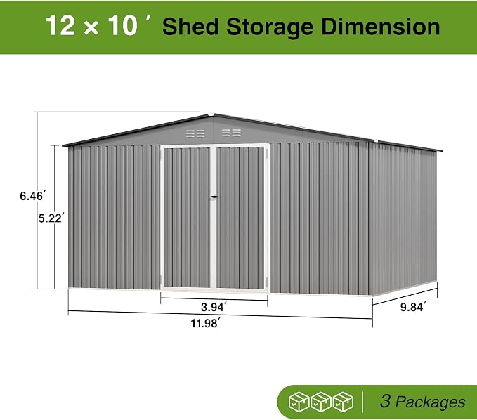 12 x 10FT Sheds & Outdoor Storage, Grey Metal Waterproof Storage Shed with Door and Lock Outdoor Shed,All-Weather Shelter for Bike, Gardening Tools, Lawn Mowers