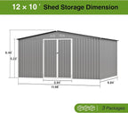 12 x 10FT Sheds & Outdoor Storage, Grey Metal Waterproof Storage Shed with Door and Lock Outdoor Shed,All-Weather Shelter for Bike, Gardening Tools, Lawn Mowers