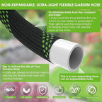 Non-Expandable Garden Hose 100 ft, Ultra Lightweight & Flexible Water Hose With 10-Pattern Spray Nozzle, Full Length Leak-Proof Design, High-Density Fabric & Shut-Off Valve, Hose Straps