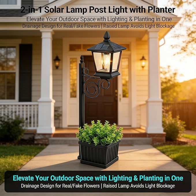 2-in-1 Solar Lamp Post Light with Planter, IP65 Waterproof Auto On Off with Artificial Flowers, Wall Mount Freestanding for Porch Planters with Flowers, Garden Patio Yard