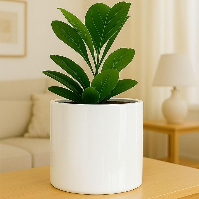 Fox & Fern 12" Large Plant Pot Fits Plant Stand - Fiberstone - Drainage Plug - Outdoor Indoor - Matte White