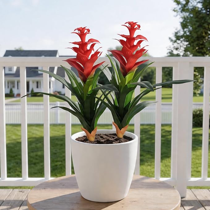 Ivydale Fake Flowers Plants for Outdoors, 2 Pcs 16.93" Bromeliad Artificial Flowers Uv Resistant Realistic Faux Flowers for Outdoor Planters Outside Porch Patio Yard Garden Indoor Decoration(Red)