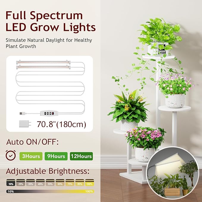 Homsorout Plant Stand Indoor with Grow Light, 4-Tiered Tall Plant Stand Indoor, Metal Plant Shelf with Adjustable Light, Ideal for Living Room, Garden, Patio white