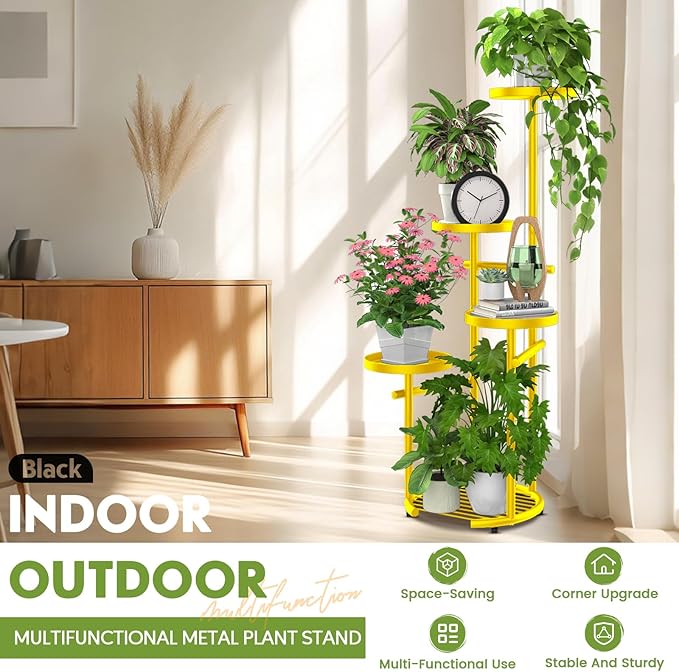 TOSKING 5-Tier Metal Plant Stand, Anti-Tip Round Base for Pots, Child & Pet Friendly, Space Saving Corner Shelf Flower Pot for Indoor Outdoor Use, Living Room Balcony Garden Patio Bedroom (Yellow, 38in)