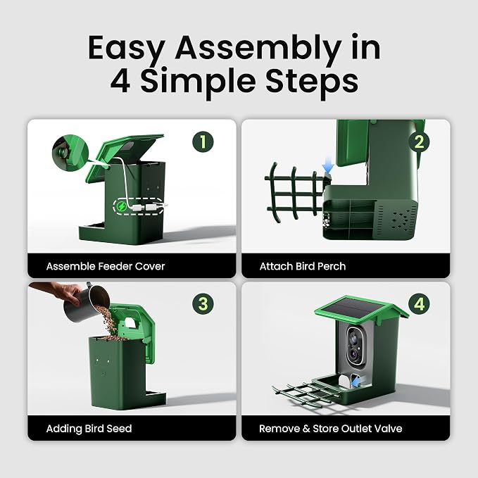 Bird Feeder with Camera Solar Powered 2K HD Video, 10,000+ Species AI Recognition, Real-Time App Alerts, and Weatherproof Design for Effortless Birdwatching, Gift for Father's Day, Grass Green