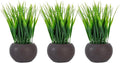MyGift 7 Inch Tall Modern Mini Artificial Grass Plants in Small Round Brown Ceramic Pots, Decorative Tabletop Faux Greenery Indoor Home Decor, Set of 3