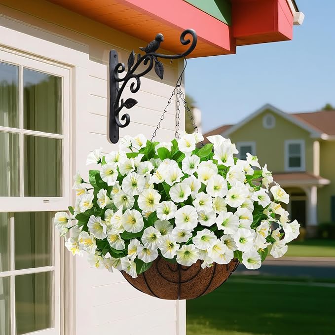 Homsunny Artificial Fake Hanging Flowers Plants Basket for Outdoors,Artificial Petunias for Outdoor Fake Silk Flowers Porch Patio Courtyard Spring Summer Decor(Green White)