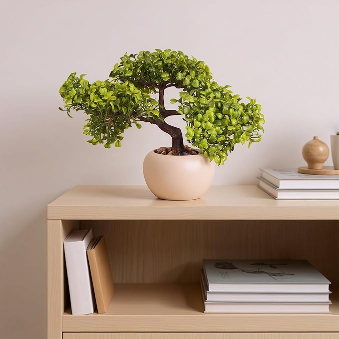 9.5 Inch Artificial Bonsai Tree with Ceramic Pot - Decorative Fake Plant for Home Office Living Room Window Sill, Fake Plants for Year-Round Decoration（White）