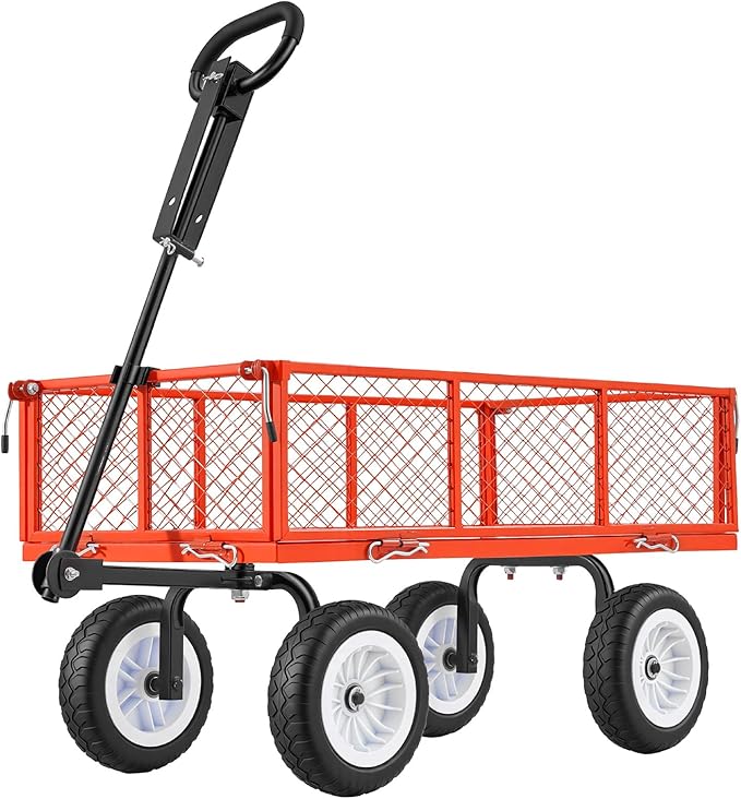 VEVOR 900 LBS Steel Garden Cart, 2 in 1 Handle, Heavy Duty Pullable Garden Wagon with 10" Flat-Free Tires, Outdoor Utility Yard Wagon Cart with Detachable Side Panels, Attach to ATV or Tractor, Red