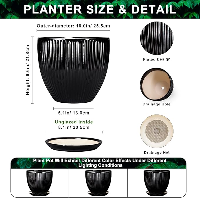10 Inch Planter, Ceramic Plant Pots with Drainage Hole and Saucer, Large Decorative Planters for Indoor Plants, Modern Plant Pot, Round Flower Pot, House Bedroom Decor, Black