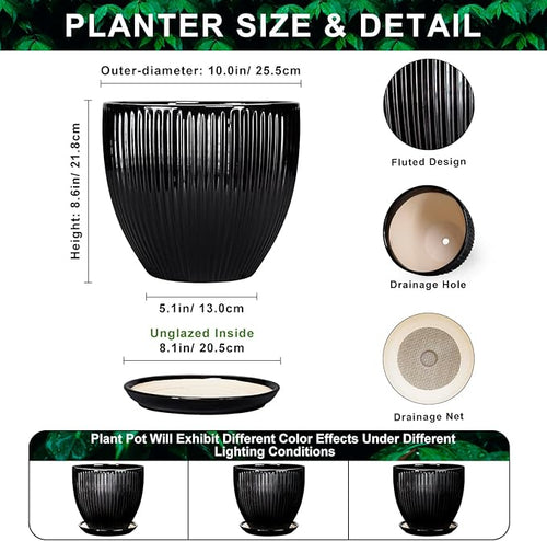 10 Inch Planter, Ceramic Plant Pots with Drainage Hole and Saucer, Large Decorative Planters for Indoor Plants, Modern Plant Pot, Round Flower Pot, House Bedroom Decor, Black