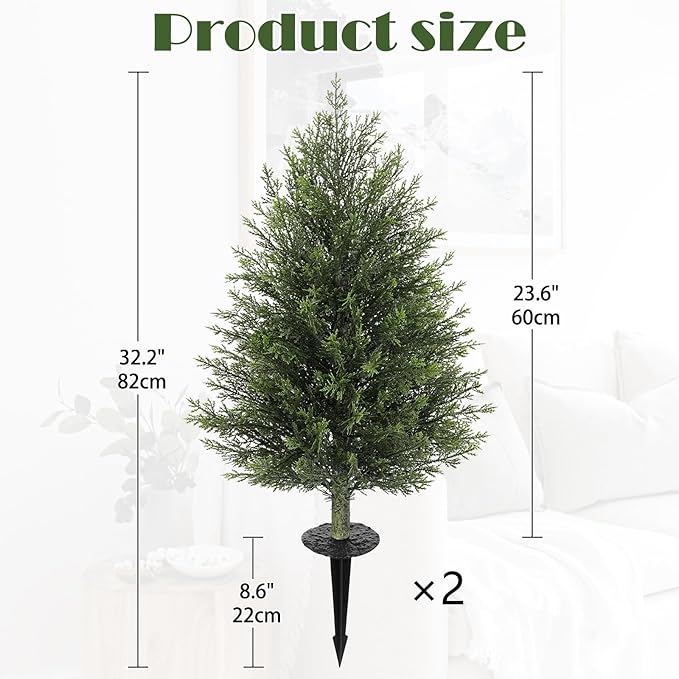 Hollyone Artificial Cedar Topiary Trees with Ground Spike, 2 Pack 32" Fake Pine Shrubs Bushes Trees Faux Cypress Plants for Indoor Outdoor Planters Front Porch Garden Decor UV Resistant