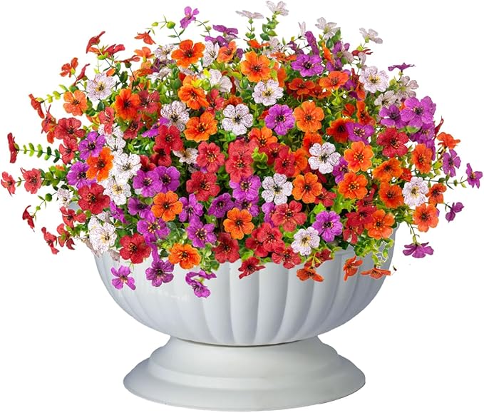 ADXORA 12 Bundles Artificial Flowers,Faux Plants for Spring Summer Decoration, UV Resistant Colorful Violets Eucalyptus for Outside Home Planter Porch Patio Yard Décor