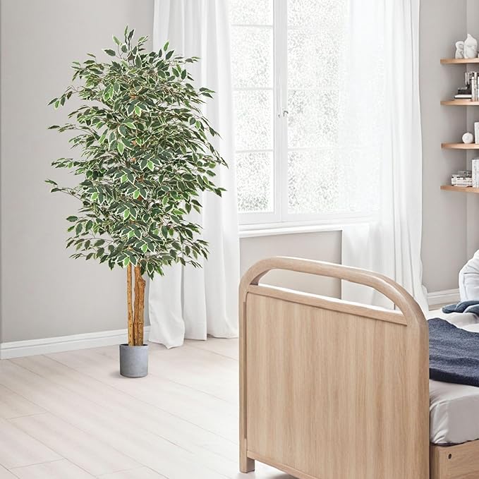 VEVOR 6FT Artificial Ficus Tree with Black Pot, Tall Faux Ficus Plant with Natural Wood Trunk and Realistic Green Leaves, Indoor Fake Silk Tree for Home, Office, Living Room, or Corner Décor