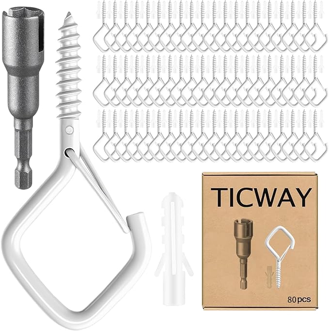 80 Pcs Outdoor Hooks for String Lights,Screw Hooks for Hanging Plants,Ceiling Hooks with Safety Buckle,Square Hanger for Wind Chimes,Bird Feeder,Lanterns,Christmas Decorations White