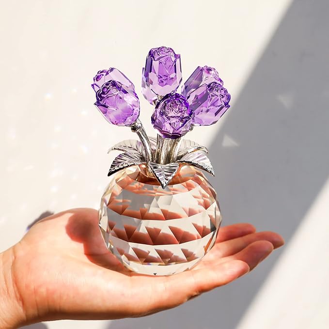 YWHL Handmade Crystal Purple Rose Flower Figurine with Round Vase, Rose Gifts for Girlfriend Wife Sister, Romantic Gifts for Mom on Anniversary Mother's Day Birthday, Wedding Home Decorations