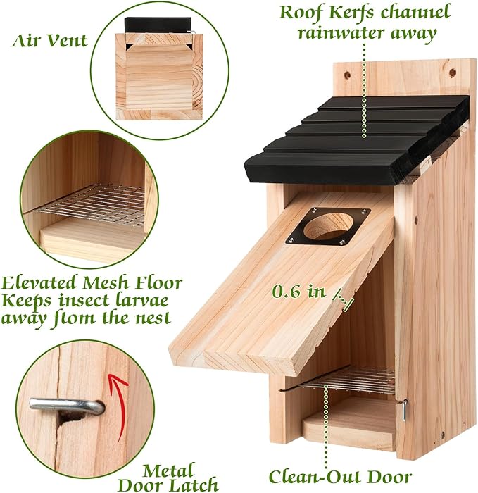 Dreyoo 2 Pack Bluebird Box Houses for Outside,1-1/2'' Entrance Hole Wooden Bird Houses with Metal Guard, Secure Latch,Fledgling Grooves,Air Vents for Bluebird Wren Swallow(Dark Wood)