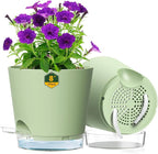 Meowell 8 inch Self Watering Pots for Indoor Outdoor Plants, 2 Pack Flower Plant Pots with Drainage Holes & Clear Reservoir for Visible Water Level, Plastic Wicking Planters for House Plants, Green