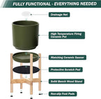 D'vine Dev Ceramic Planter with Natural Stand - 12 Inch Modern Round Flower Pot with Wood Planter Holder, Olive, 55-B-J-J