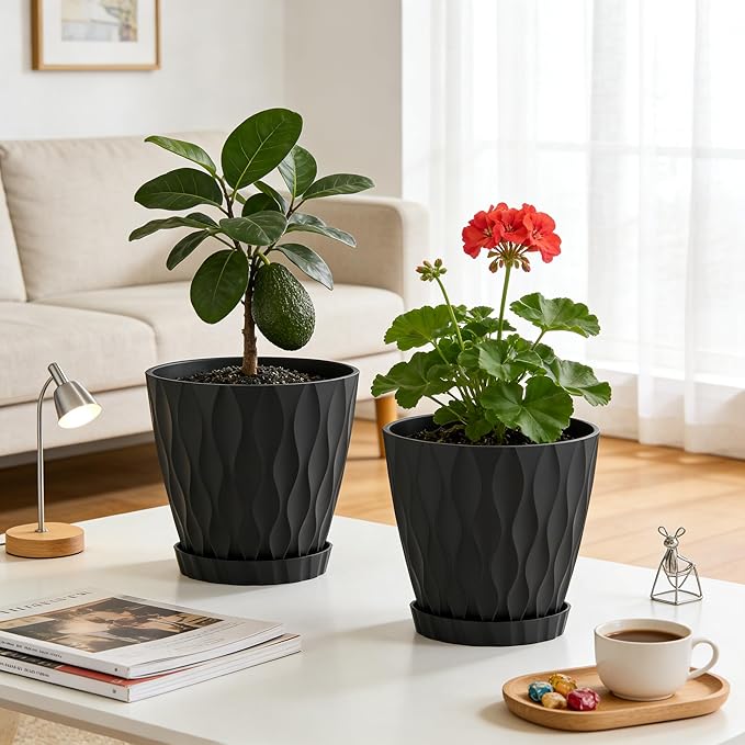 UOUZ 8 Inch Plant Pots, 2 Pack Plastic Planters for Indoor Outdoor with Drainage Holes & Saucers, Waffle Texture Flower Pots for Indoor Plants, Indoor Plant Pots for Monstera, Fiddle Leaf Fig, Black