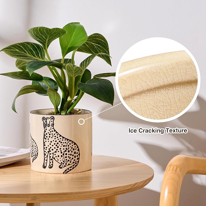 STHIE 5 Inch Ceramic Planters for Indoor Plants, Funny Small Plant Pots with Drainage, Unique Decorative Cute Flower Pot Panthers Round Flowerpots
