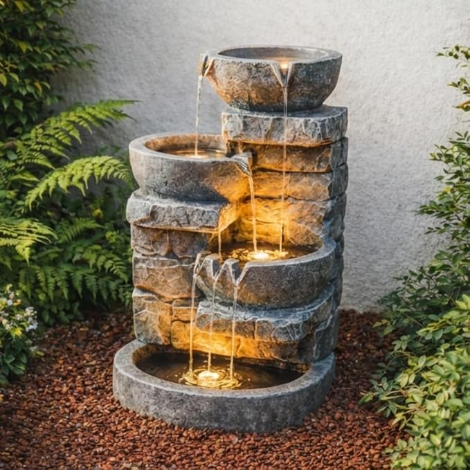 Teamson Home 33" Outdoor Water Fountain with LED Lights, 3-Tier Cascading Bowls, Weather-Resistant Resin Garden Water Feature for Patio, Lawn, and Backyard Decor – Stone Gray