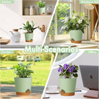 4 inch Self Watering Pots for Indoor Outdoor Plants, 6 Pack Plastic Flower Planters with Drainage Holes and Removable Saucers, Plant Pots with Wicking Rope, Modern Decor, Green Brown