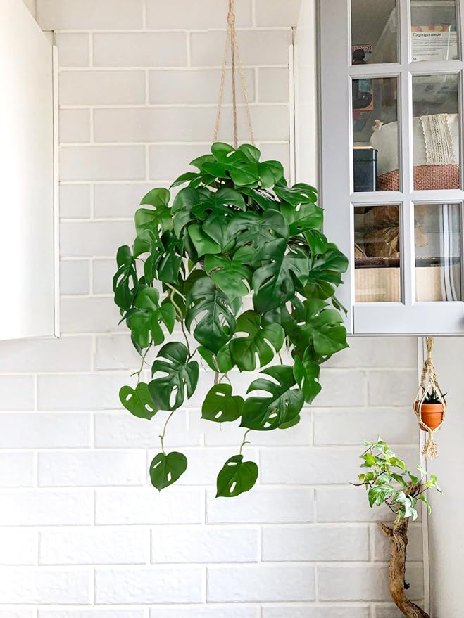 Large Fake Hanging Plants in Pot for Indoor & Outdoor, Long Artificial Hanging Monstera Plants, 27.6" Fake Potted Vines Ivy Greenery Plant for Room Wall Shelf Decor Living Room Bathroom Patio Porch