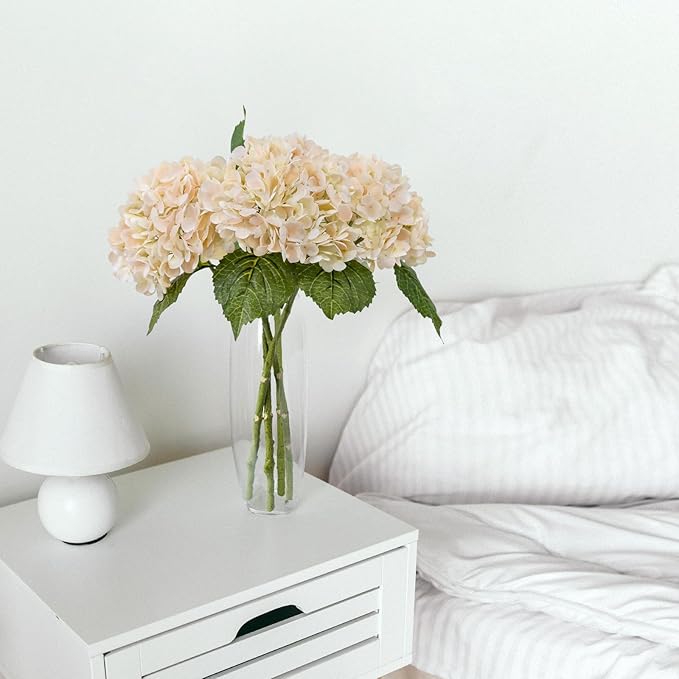 ZYTUYO 3PCS Cream Champagne Hydrangeas Artificial Flower 21" Real Touch Faux Latex Fake Hydrangeas Silk Bouquet for Home Kitchen Living Room Spring Table Office Wedding Party Arrangement