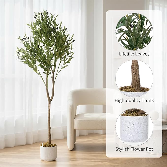 4.3FT Olive Trees Artificial Indoor, Potted Fake Olive Tree with Silk Leaves & 44 Fruits, Decorative Floor Plant for Living Room Indoor Outdoor Office Decor