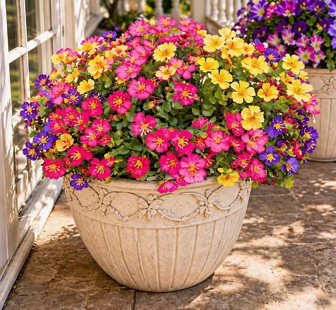 Artificial Flowers for Outdoors, 8 Bundles Faux Silk Spring Flowers for Outside for Planter Front Door Porch Yard Patio Window Box Home Decor (8pcs-4color)